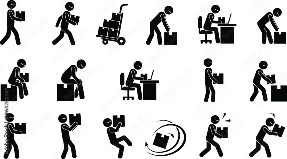 Obraz premium Stick figure icons, manual labor, office work, lifting boxes, pushing hand truck, computer desk, workplace safety, ergonomic posture, occupational activity illustration