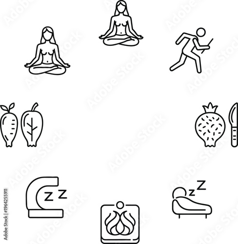 Set of depicting yoga meditation running healthy food fireplace and sleep