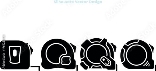 Silhouette set of tape measures and measuring tools. Vector set of construction measurement equipment and carpentry icons. Hardware symbols. Professional vector illustration