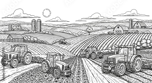 Farming Landscape Coloring Page with Tractors Barns and Fields Rural Farm Scenery Line Art Vector Illustration