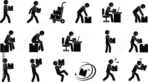  Stick figure icons, manual labor, office work, lifting boxes, pushing hand truck, computer desk, workplace safety, ergonomic posture, occupational activity illustration