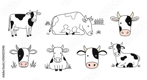 Cute Hand Drawn Black and White Cow Doodles Vector Set Farm Animals Collection