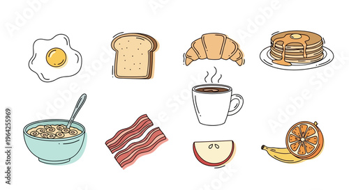 Cute Doodle Style Breakfast Food and Drink Elements Set Hand Drawn Morning Meal Icons Collection