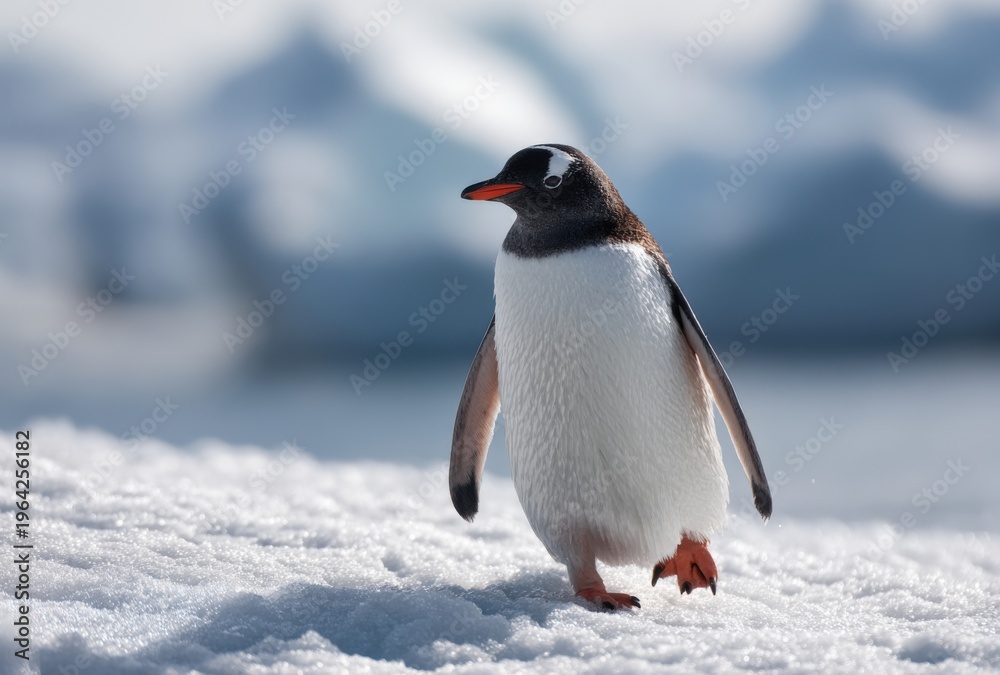 Fototapeta premium Close up portrait of single gentoo penguin walking on soft white snow with blurred icy background showcasing orange beak and black feet
