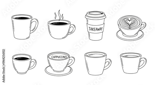 Simple Doodle Style Hand Drawn Coffee Cups and Takeaway Mugs Set Collection