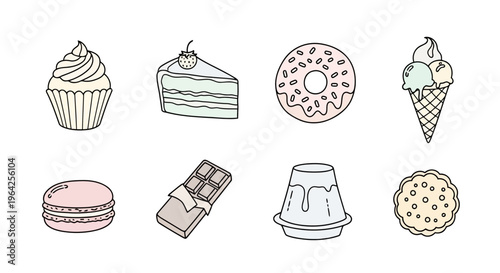 Simple hand drawn pastel sweet treats vector icons set