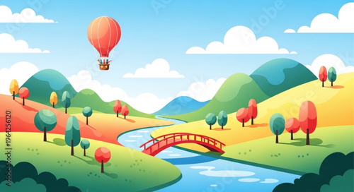 Hot air balloon over bridge.