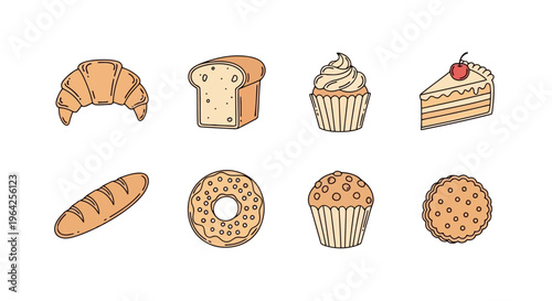 Simple Cartoon Line Art Bakery Items Vector Illustration Set