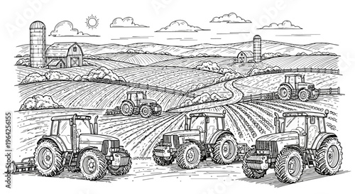 Rural Farming Landscape with Tractors and Barns Outline Coloring Page