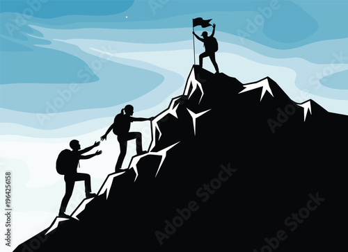 Team of climbers reaching mountain summit, teamwork success illustration, perseverance achievement vector, helping hands concept, flag victory design, outdoor adventure artwork