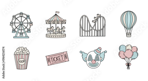 Pastel Outline Amusement Park Icons Vector Illustration Set