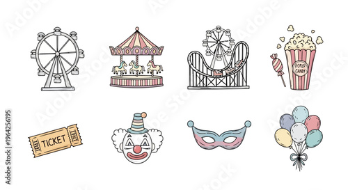 Pastel Hand Drawn Amusement Park and Party Vector Icons Set