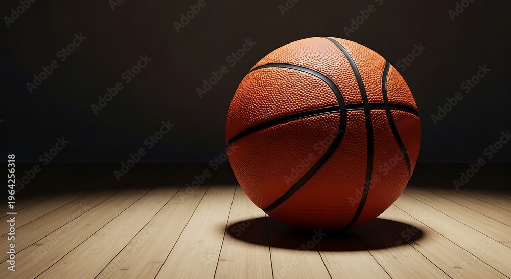 Obraz premium A classic basketball resting on a polished indoor court with a striking orange and deep red design