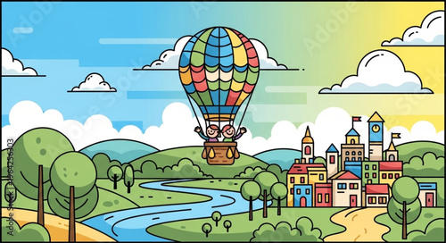 Hot air balloon over town.