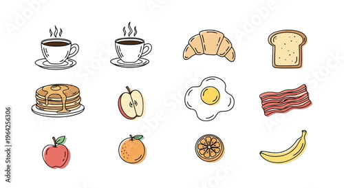 Flat Color Breakfast Food Icons Set in Outline Doodle Style Collection