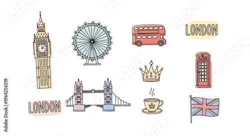 London city icons and British symbols set including Big Ben, red double decker bus, telephone booth, tea cup, crown, and royal guard doodles