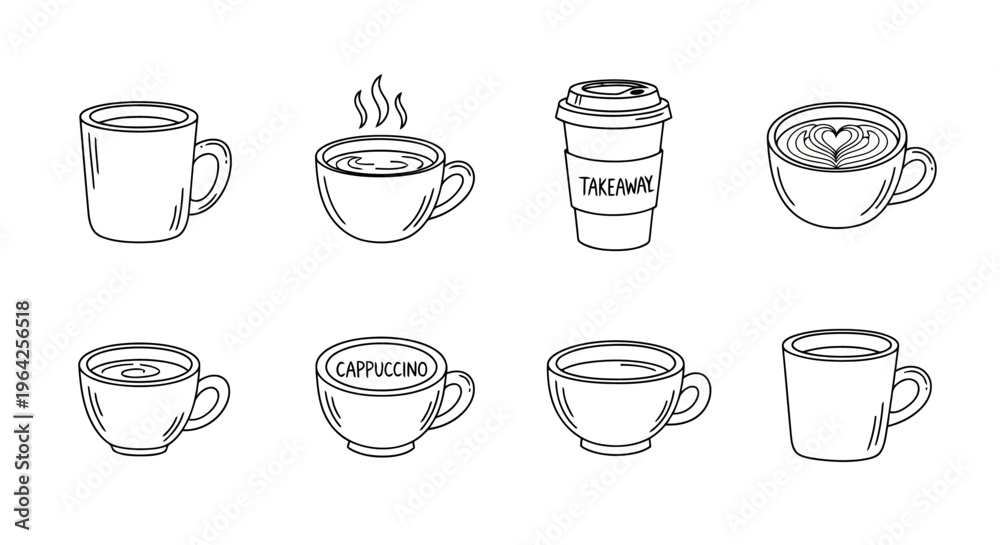 Fototapeta premium Assorted Hand Drawn Coffee Cups and Mugs Doodle Line Art Set