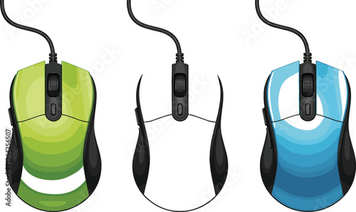 Wired computer mice collection illustration, ergonomic design with scroll wheel, colorful variations in green, white, blue, technology accessory icon for navigation
