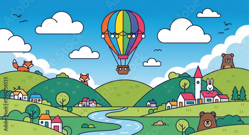 Hot Air Balloon Rural Landscape.