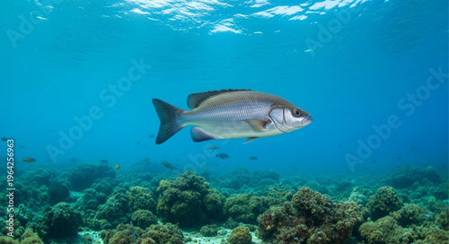Large Fish Swimming Underwater Ocean.