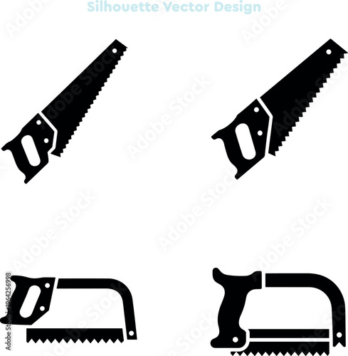 Silhouette set of traditional saws and frame saw tools. Vector set of timber cutting equipment and workshop hardware symbols. Carpenter icons. Professional vector illustration
