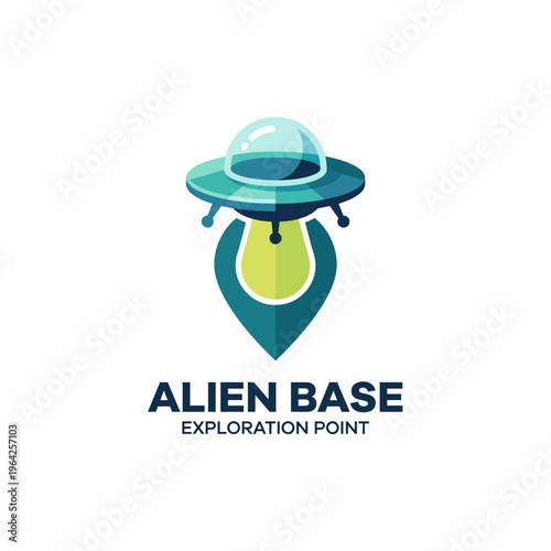 A modern logo design featuring an alien base with a hovering spacecraft, representing innovation, exploration, and the unknown possibilities of extraterrestrial life.
