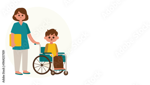 Rehabilitation of disabled children in hospital, psychological assistance. Medical worker helps patient, boy in wheelchair. Vector characters flat cartoon illustration.