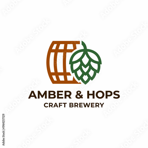 This logo design showcases a barrel paired with hops, representing an artisanal craft brewery brand focused on high-quality beer brewing and rich flavors.