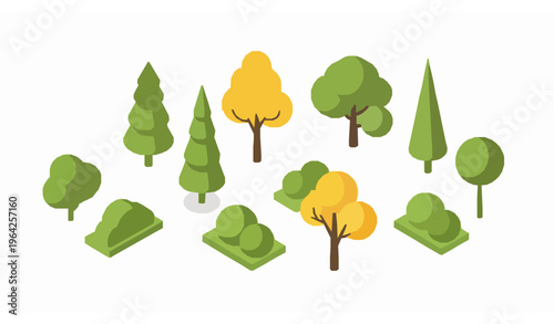 Isometric Tree and Bush Vector Illustration Set for Landscape Maps and Environmental Design