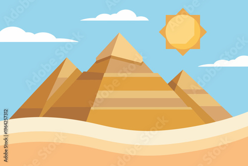 This vibrant illustration showcases stylized pyramids under a bright sun against a blue sky, evoking a sense of warmth, history, and cultural significance.