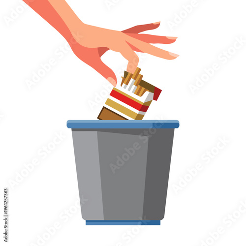 A hand is seen dropping a pack of cigarettes into a trash can, representing the decision to quit smoking and promote a healthier lifestyle choice for individuals and communities.