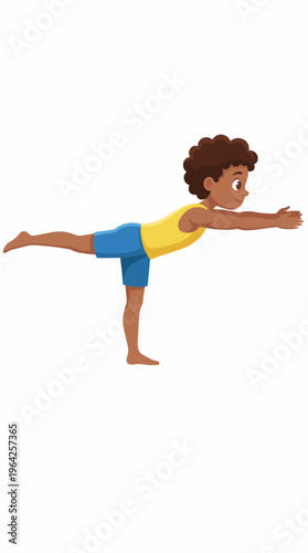 This image depicts an enthusiastic young child performing a yoga pose that emphasizes balance, embodying health, mindfulness, and the playful nature of youth.