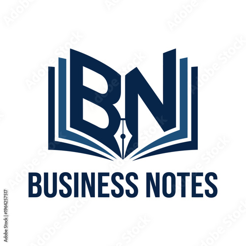 An elegant logo design features an open book with a fountain pen, symbolizing business notes, education, professionalism, and the importance of written ideas and planning.