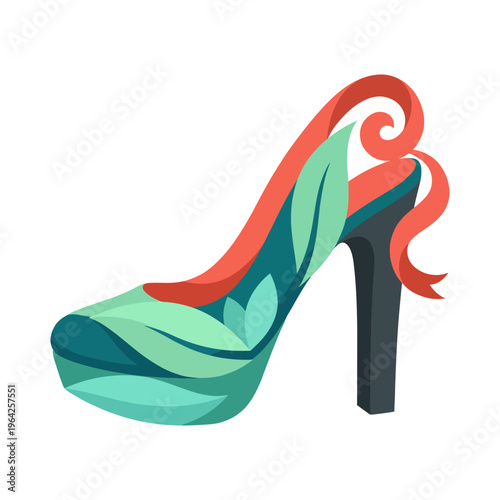 This artistic image presents a high heel shoe designed with leafy motifs, blending elegance and nature, representing style and creativity in fashion.