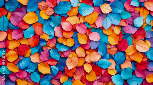 Densely Packed Array of Artificially Colored Leaves Forming Bright and Energetic Abstract Botanical Texture in Shades of Blue, Red, Orange, and Pink