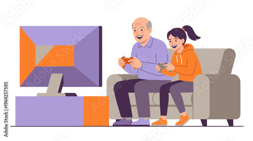 Joyful Intergenerational Gaming Session Grandfather and Granddaughter Bond Over Video Games on the Couch, Sharing Laughter and Fun Family Time Together at Home