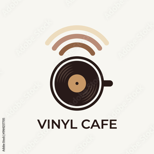 A stylish logo representing a vinyl cafe, featuring a classic record player and sound waves, conveying a nostalgic and artistic vibe for music lovers and cafe-goers alike.