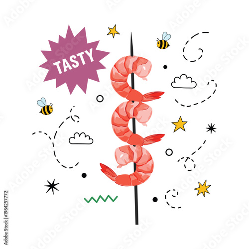 Hand-drawn illustration of a skewer of juicy, pink shrimp with a 'Tasty' speech bubble and cute bees.