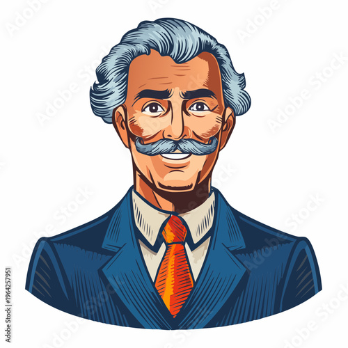 Illustration of a smiling elderly man with grey hair wearing a blue suit