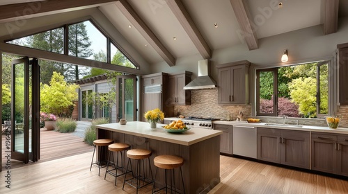 Modern Kitchen with Open Concept Design Overlooking a Beautiful Garden with Sunlight and Elegant Decor Elements