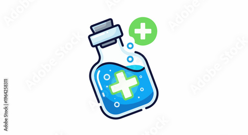 A cartoonish flask with blue liquid and a green plus sign