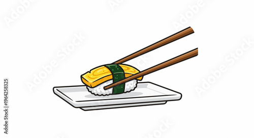 A cartoon-style illustration of a piece of sushi being held by chopsticks over a plate