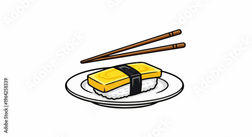 A cartoon-style sushi dish with an egg topping and chopsticks rests on a white plate