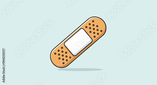 A cartoon-style medical bandage with a white pad on a light blue background