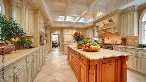 Elegant and Spacious Modern Kitchen with Central Island and Natural Light Streaming Through Skylights