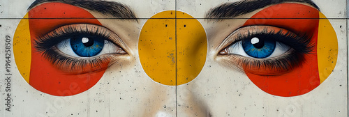 Mesmerizing Urban Graffiti Art Unveiling Piercing Blue Eyes, Artfully Framed by Vibrant Orange and Golden Yellow Abstract Circles, Beautifully Painted on Textured Concrete Surface.