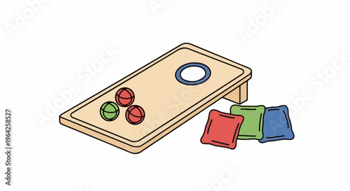 A colorful illustration of a game board with balls and beanbags on a white background