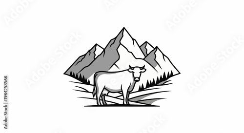 A cow stands in front of snowy mountains, with trees in the foreground