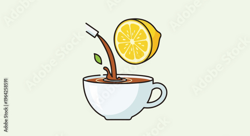A cup of hot tea is being poured with a slice of lemon above