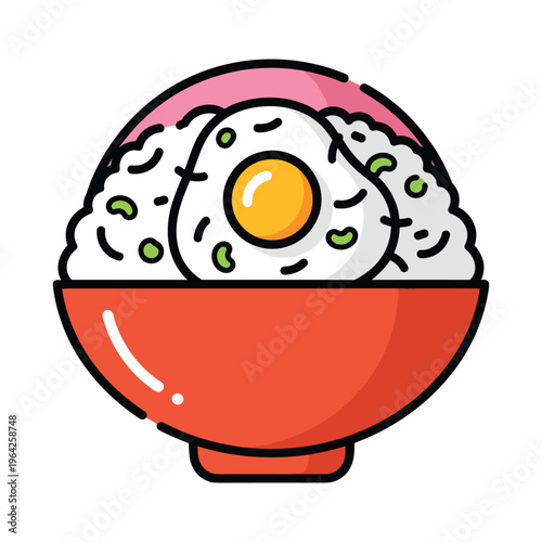 Cute Cartoon Bowl of Rice with Fried Egg and Peas, Japanese Food Icon